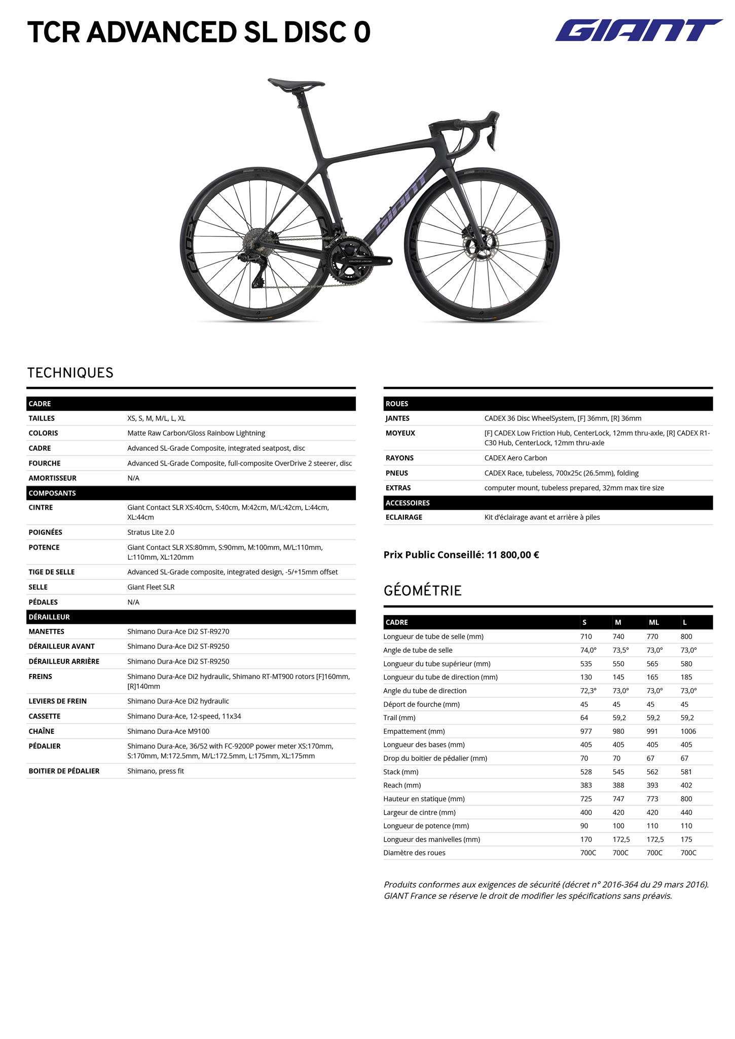Fiche technique du velo TCR Advanced SL 0 Disc année 2023